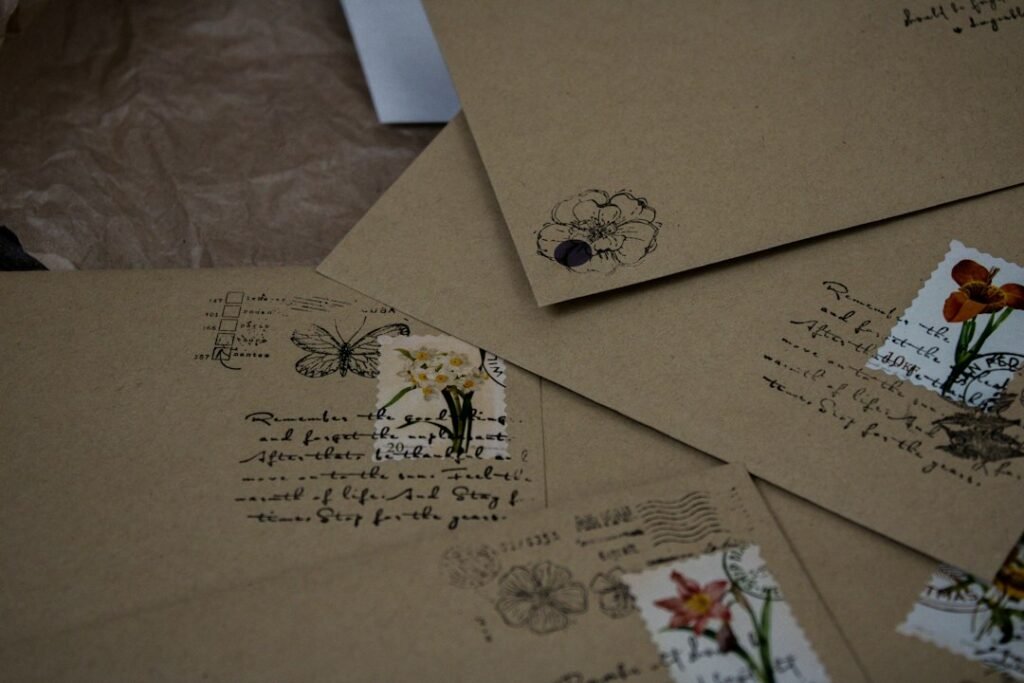 Heartfelt letters and flowers arranged on a desk